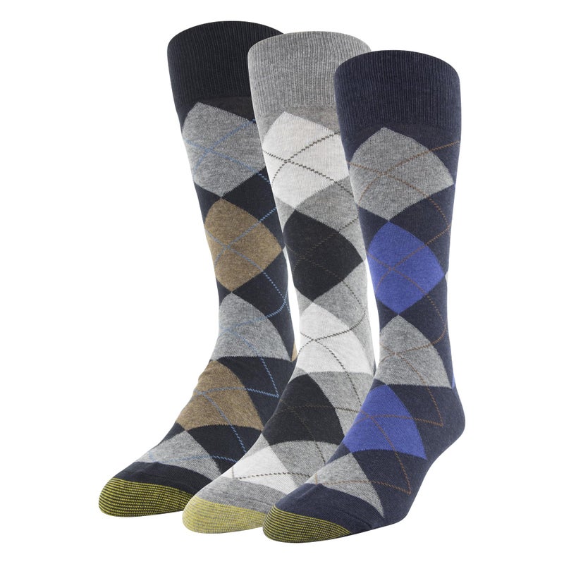 GOLDTOE Men's Carlyle Argyle Crew Dress Socks, 3-Pairs, Navy/Grey, Large - Image 1